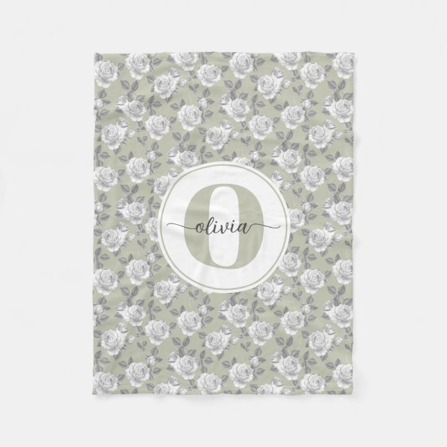 Rose Garden Monogram Sage Green Fleecedecke (Vorderseite)