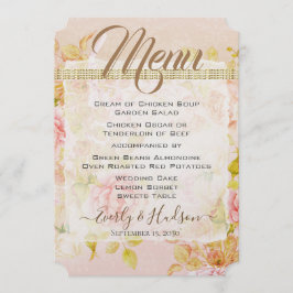 Rose Garden Pink Roses Gold Foto Hochzeitsmenü Menükarte
