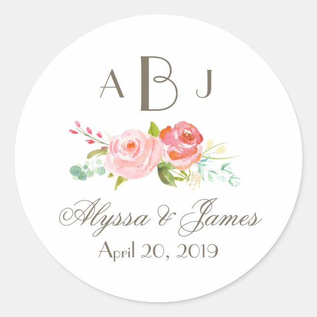 Rose Garden Three Letter Monogram Label Runder Aufkleber (Vorderseite)
