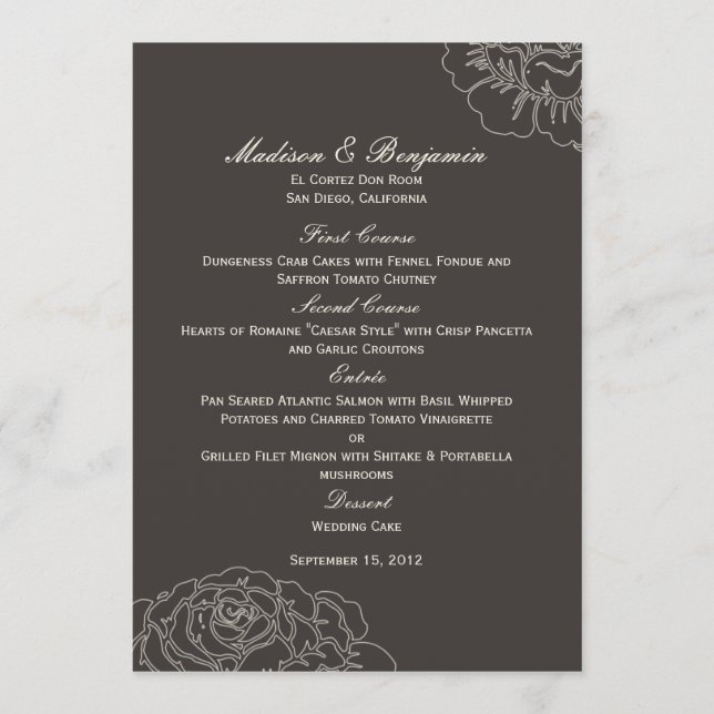 Rose Garden Wedding Menu Card - Kohle Menükarte (Vorderseite)