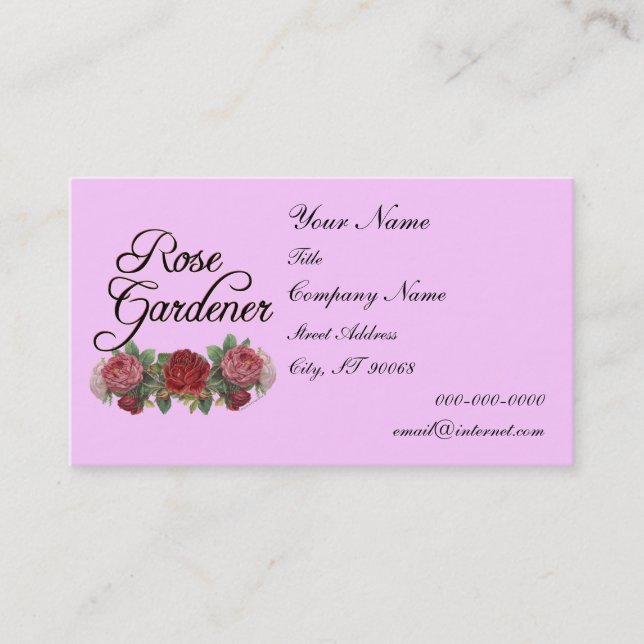 Rose Gardener Custom Business Card Rosa Visitenkarte (Vorderseite)