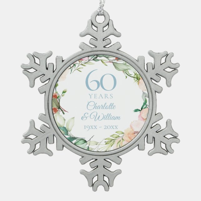 Rose Garland 60. Diamond Wedding Jubiläum Schneeflocken Zinn-Ornament (Vorderseite)