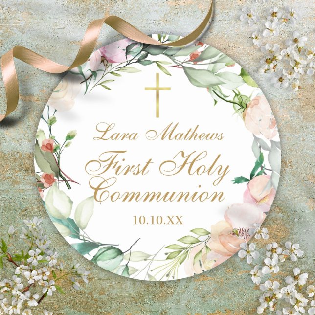 Rose Garland Erste Heilige Kommune Runder Aufkleber (Woodland Rose Garland First Holy Communion Classic Round Sticker)