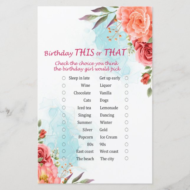 Rose Geburtstag dieses oder jenes Spiel (Vorderseite)