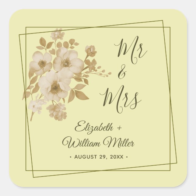Rose - Gelbe Hochzeit Quadratischer Aufkleber (Vorderseite)