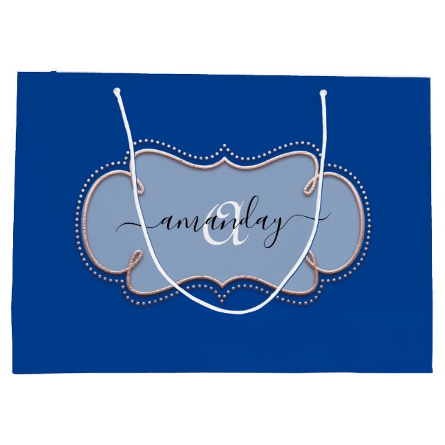 Rose Gerahmt Royal Monogram Name Blue Große Geschenktüte (Rückseite)