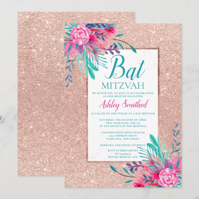 Rose Glitzer florale Aquarell Bat Mitzvah Einladung (Vorne/Hinten)