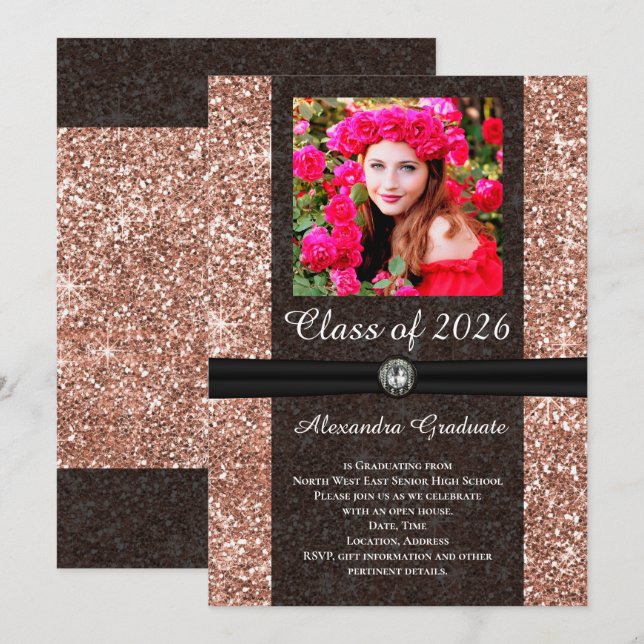 Rose Glitzer Gem Foto Class of 2025 Abschluss Einladung (Vorne/Hinten)