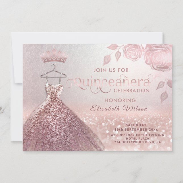 Rose Glitzer Sequenzen Rose Gold Kleid Quinceañera Einladung (Vorderseite)