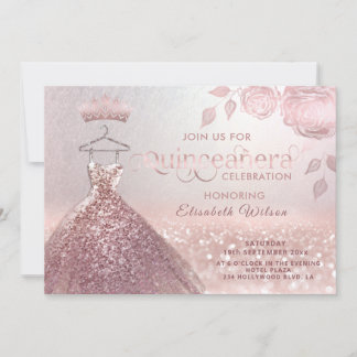 Rose Glitzer Sequenzen Rose Gold Kleid Quinceañera Einladung