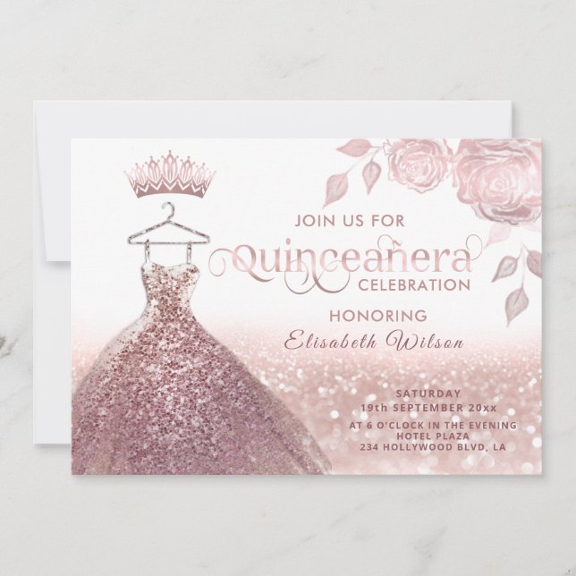 Rose Glitzer Sequenzen Rose Gold Kleid Quinceañera Einladung (Vorderseite)