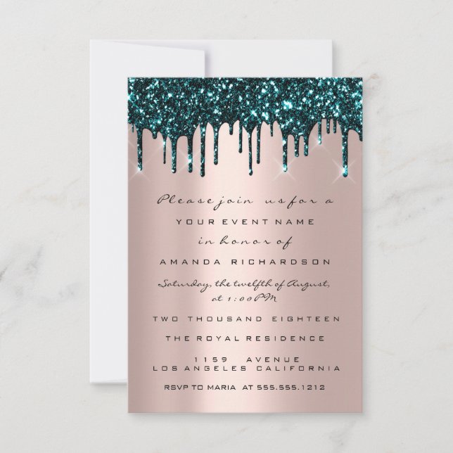 Rose Glitzer Tropfen Aquamarin Brautparty Sweet 16 Einladung (Vorderseite)