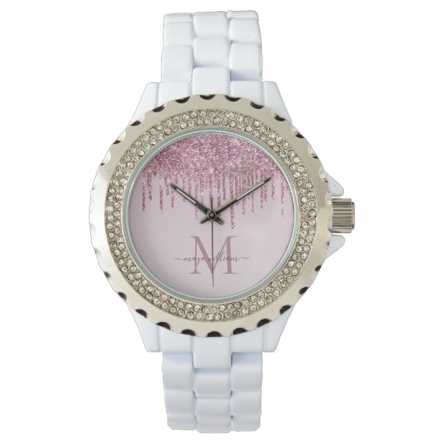 Rose Glitzer Tropfen Personalisiert Monogramm und  Armbanduhr (Vorderseite)