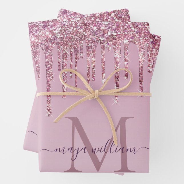 Rose Glitzer Tropfen Personalisiert Monogramm und  Geschenkpapier Set (Beispiel)