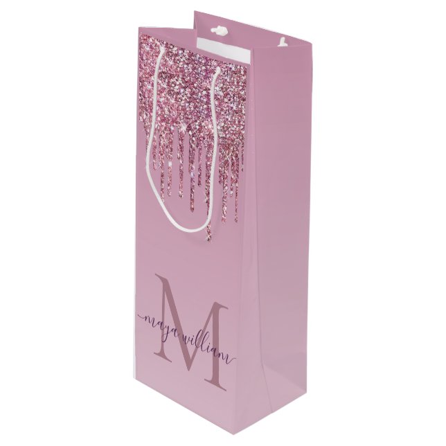 Rose Glitzer Tropfen Personalisiert Monogramm und  Geschenktüte Für Weinflaschen (Vorderseite Schrägansicht)