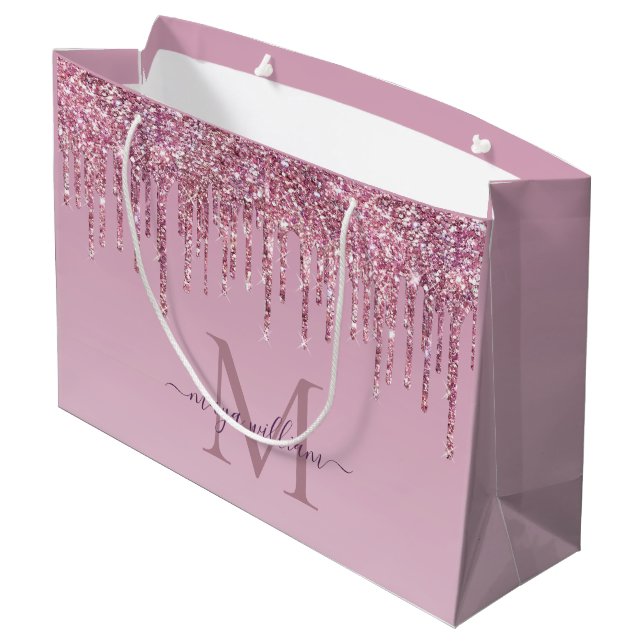 Rose Glitzer Tropfen Personalisiert Monogramm und  Große Geschenktüte (Rückseite Schrägansicht)