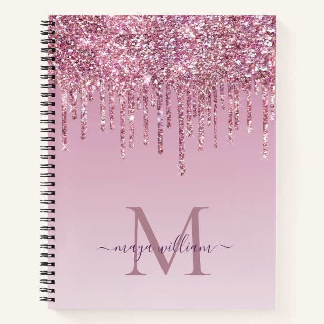 Rose Glitzer Tropfen Personalisiert Monogramm und  Notizbuch (Vorderseite)
