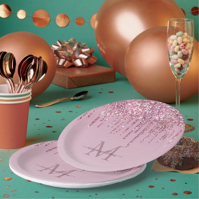 Rose Glitzer Tropfen Personalisiert Monogramm und  Pappteller (Multi)
