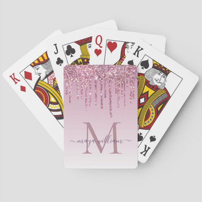 Rose Glitzer Tropfen Personalisiert Monogramm und  Spielkarten (Rückseite)