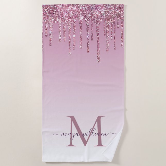 Rose Glitzer Tropfen Personalisiert Monogramm und  Strandtuch (Vorderseite)