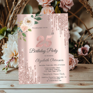 Rose Glitzer Tropfen Rose Gold 25. Geburtstag Einladung
