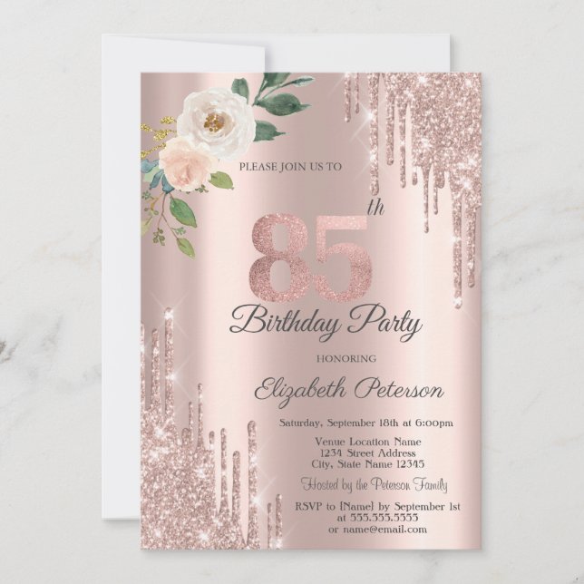 Rose Glitzer Tropfen Rose Gold 85. Geburtstag Einladung (Vorderseite)