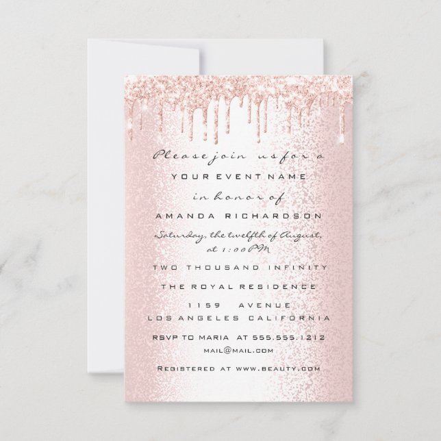 Rose Glitzer Tropfen Wedding Bridal Sweet 16. Einladung (Vorderseite)