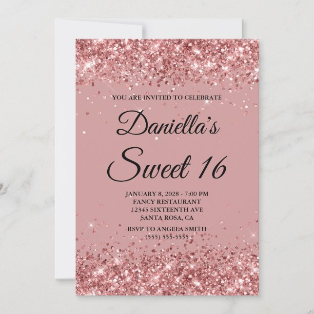 Rose Glitzer und Dusty Pink Sweet 16 Einladung (Vorderseite)