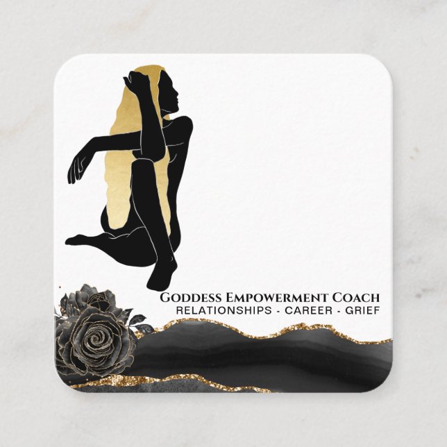 *~* Rose Goddess Black Gold Glitzer Floral Quadratische Visitenkarte (Vorderseite)