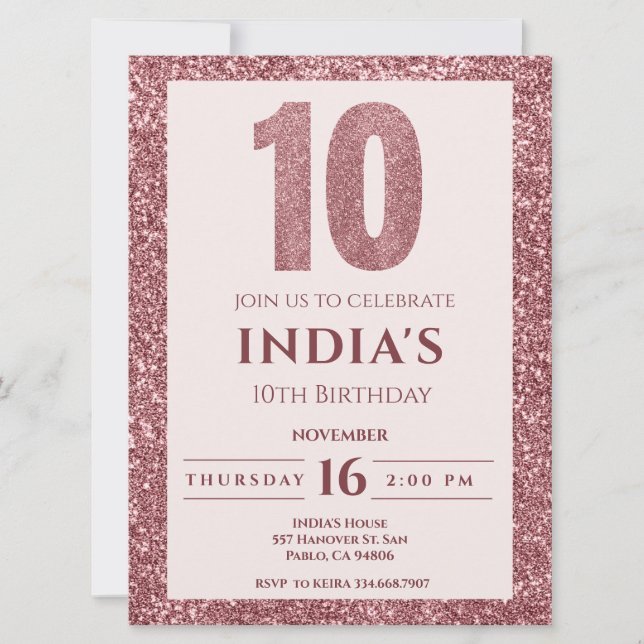 Rose Gold 10. Geburtstag Einladung (Vorderseite)