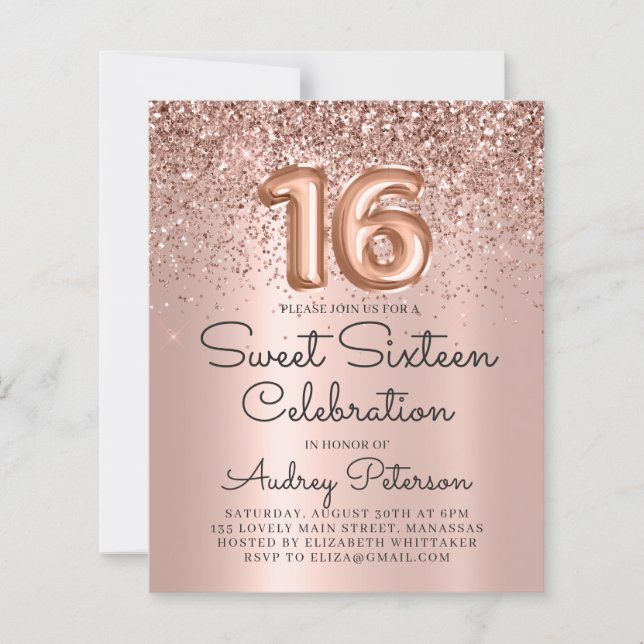 Rose Gold 16 . Geburtstag Einladung (Vorderseite)