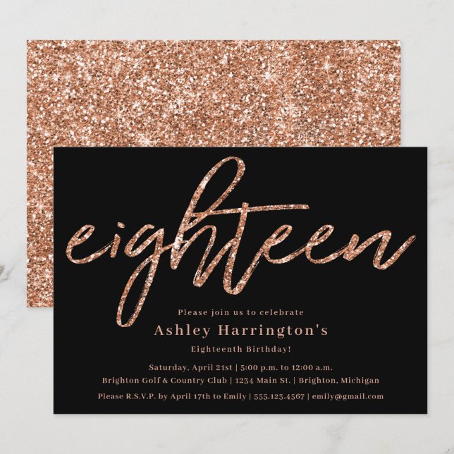 Rose Gold 18. Geburtstag Einladung mit Glitzer (Vorne/Hinten)
