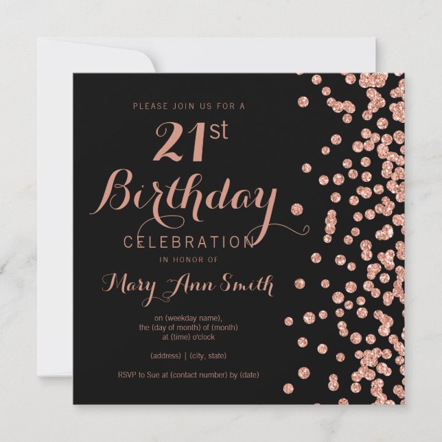 Rose Gold 21. Geburtstag Glitzer Confetti Black Einladung (Vorderseite)
