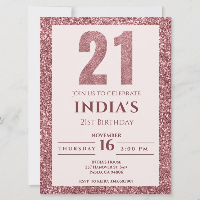 Rose Gold 21. Geburtstag Party Einladung (Vorderseite)
