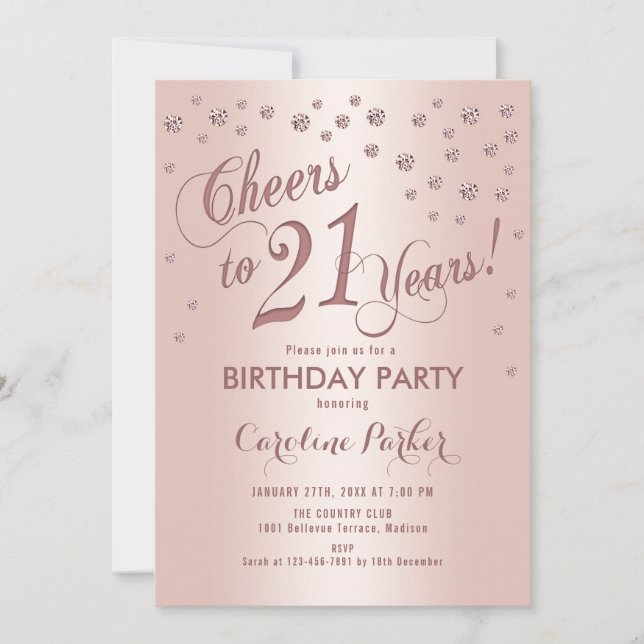 Rose Gold 21. Geburtstag Party Einladung (Vorderseite)