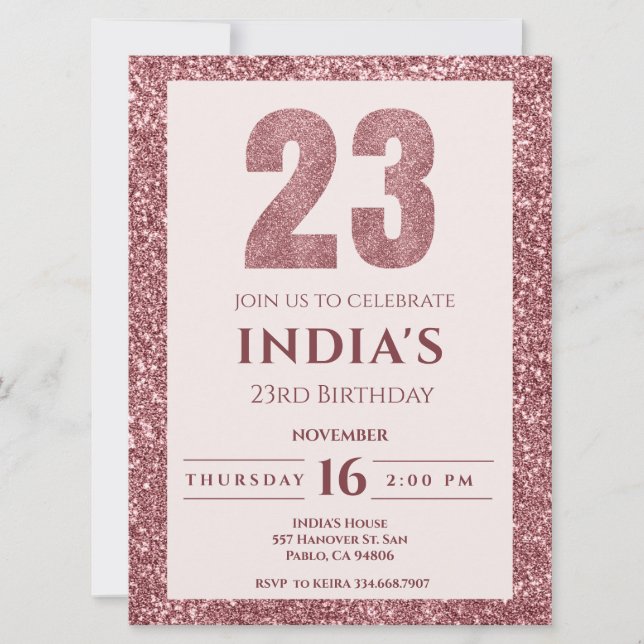 Rose Gold 23. Geburtstag Einladung (Vorderseite)