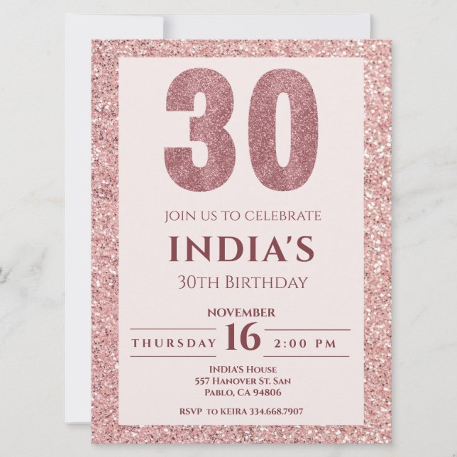 Rose Gold 30. Geburtstag Einladung (Vorderseite)