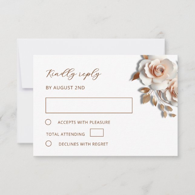Rose Gold 3D Roses Wedding RSVP Karte (Vorderseite)