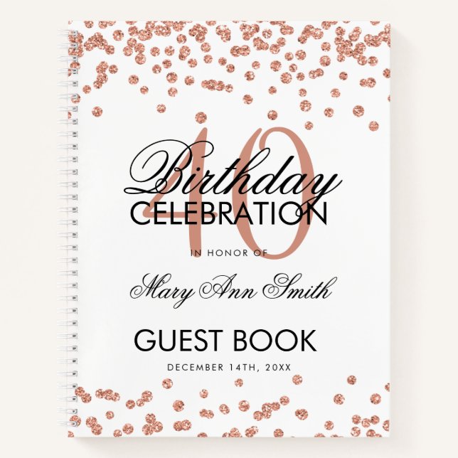 Rose Gold 40. Geburtstag Gästebuch Confetti White Notizbuch (Vorderseite)