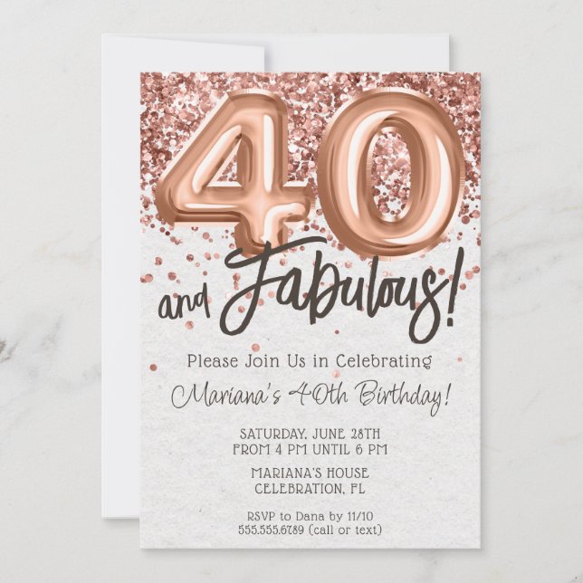 Rose Gold 40. Geburtstag Party Einladung (Vorderseite)