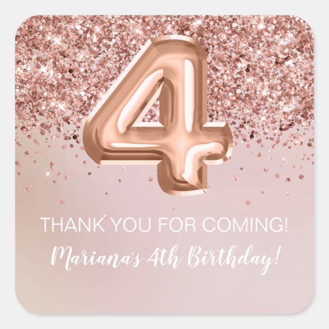 Rose Gold 4. Geburtstag Gastgeschenk Quadratischer Aufkleber (Vorderseite)