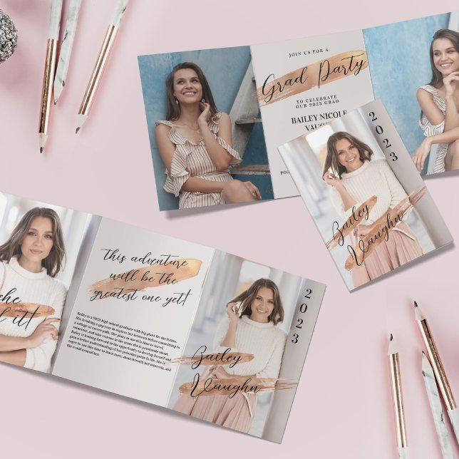Rose Gold 4 Photo Graduation Tri-Fold Invitation (Créateur téléchargé)