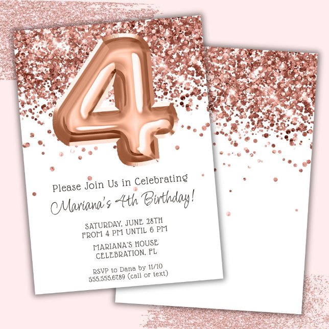 Rose Gold 4th Birthday Party Invitation (Créateur téléchargé)
