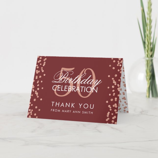 Rose Gold 50 Anniversaire Merci Confetti Bourgogne (Devant)