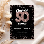 Rose Gold 50. Geburtstag Einladung<br><div class="desc">Elegante 50. Geburtstagsfeier mit einem stilvollen schwarzen Hintergrund,  der in jede Farbe verändert werden kann,  Rose Gold funkelnd Glitzer,  50 Rose goldenen Helliumballons und einer modernen,  leicht personalisierbaren 50. Geburtstagsfeier.</div>