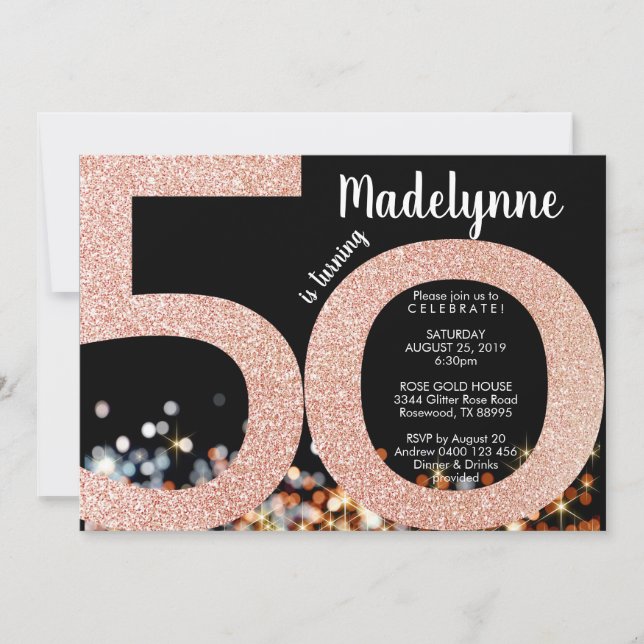 Rose Gold 50. Geburtstag Einladung - Frauen 50. (Vorderseite)