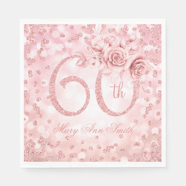 Rose Gold 60. Geburtstag Blumenlampen Serviette (Vorderseite)