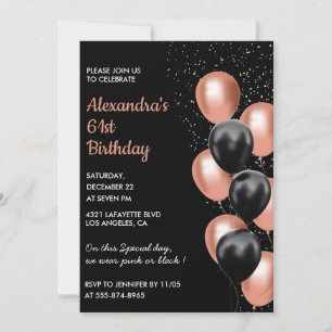 Rose Gold 61. Geburtstagseinladung Ballon Schwarz Einladung