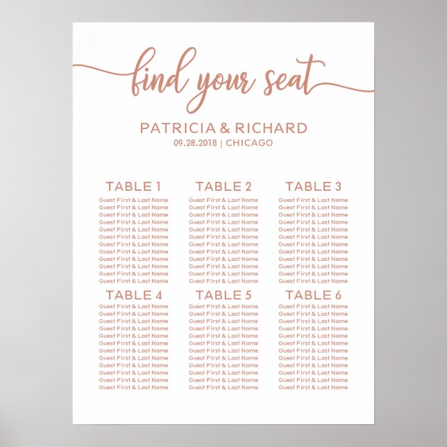 Rose Gold 6 Tische Hochzeitskarte Poster (Vorne)