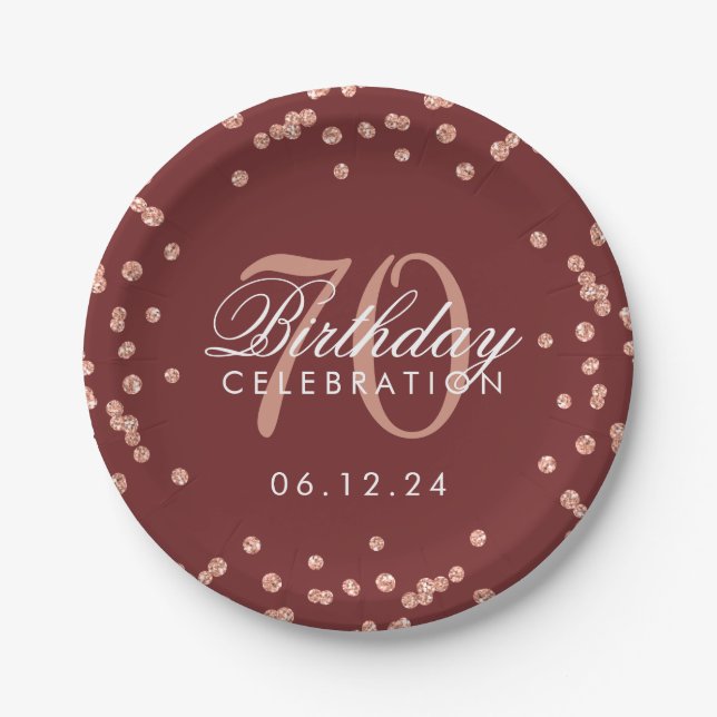 Rose Gold 70. Geburtstag Glitzer Confetti Burgund Pappteller (Vorderseite)